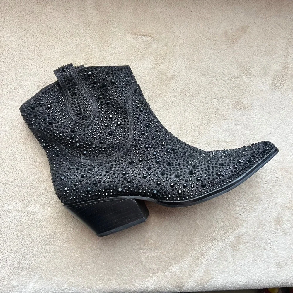 Jessica Simpson‎ 9 M Black Rhinestone Western Ankle Boots Pointed Toe Block Heel